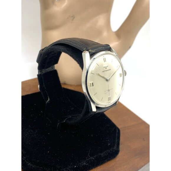 Wittnauer Mens Watch Vintage Swiss Hand Wind Silver Dial 33mm Black Leather Band - Picture 16 of 16